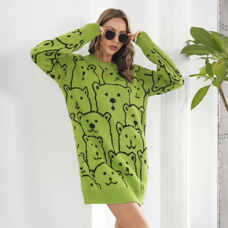 

NEW IN Cute Bear Jacquard Sweater Dress Women's Clothing Autumn Winter New Loose Round Collar Long Sleeved Knitted Short Sk