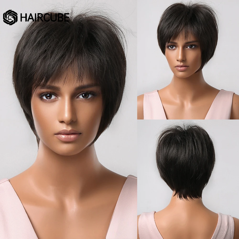 

HAIRCUBE Short Black Straight Hair Wigs for African American Synthetic Wigs With Bangs Natural Fashion Daily Heat Resistant Wigs