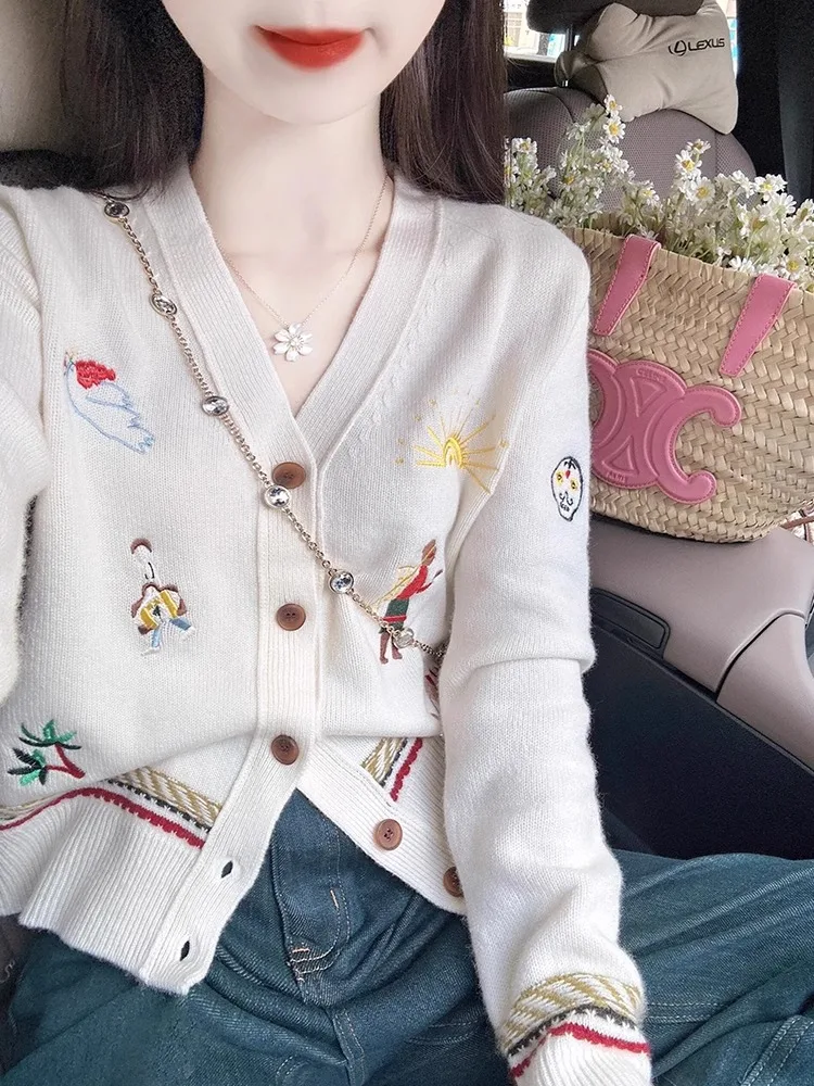 French sle Contrast Color Heavy Industry Embroidery V-neck Knit cardigan Women Autumn New Soft Glutinous Casual Gentle Wind...