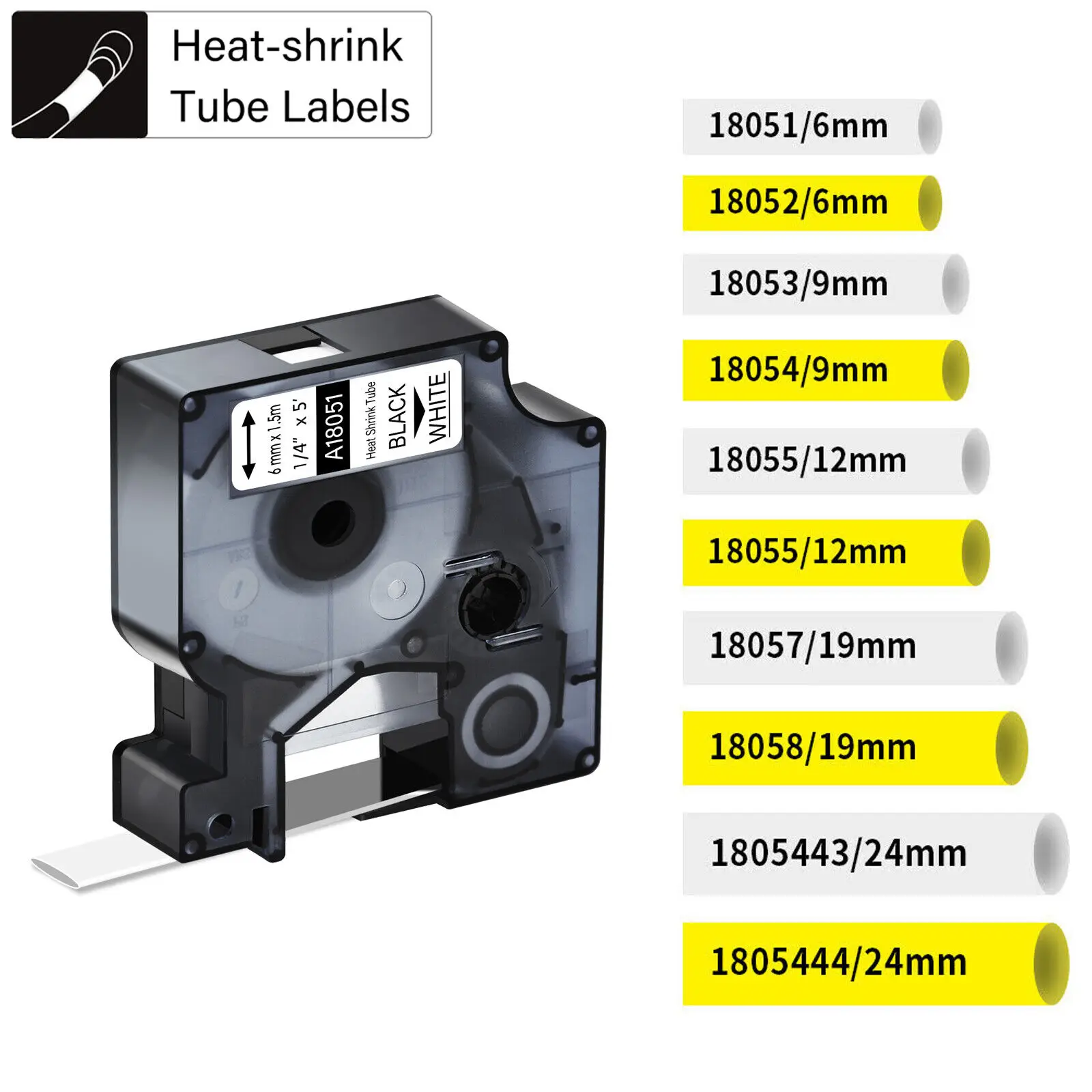 

1PK Label Tape Black on White/Yellow 6/9/12/19/24mm for Dymo Rhino IND Industrial Label Tape Heat Shrink Tube 18051 18052 18053