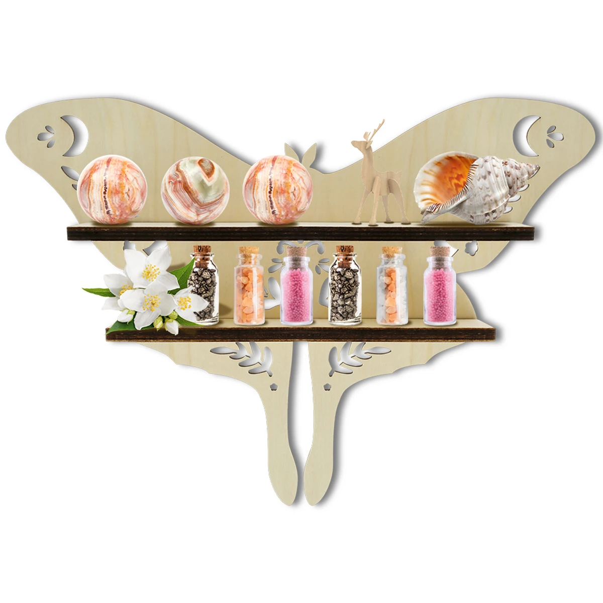 

New Wooden Floating Shelf Butterfly Shape Wood Wall Shelf Crystal Display Shelf Boho Floating Shelves Wall Mounted Storage Rack