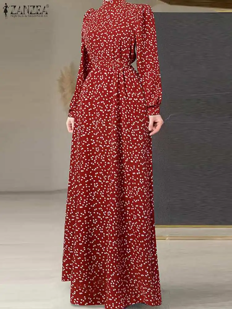 

ZANZEA Bohemian Long Sleeve maxi Dresses Women Casual 2023 Summer Heart Print Bandage Waisted Vestidos Stand Collar Robes Femme