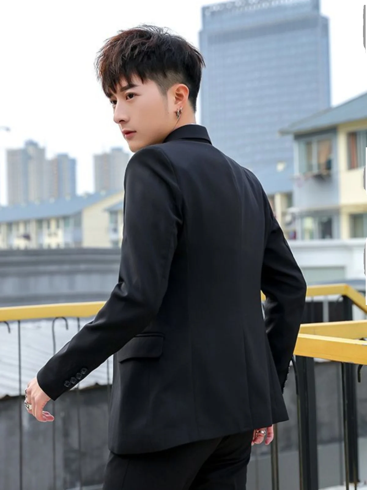 Solid Black Suit Men's Outerwear Autumn and Winter Fleece-lined Thickened Top Korean Sle Slim fit Business Casual Small Sui...