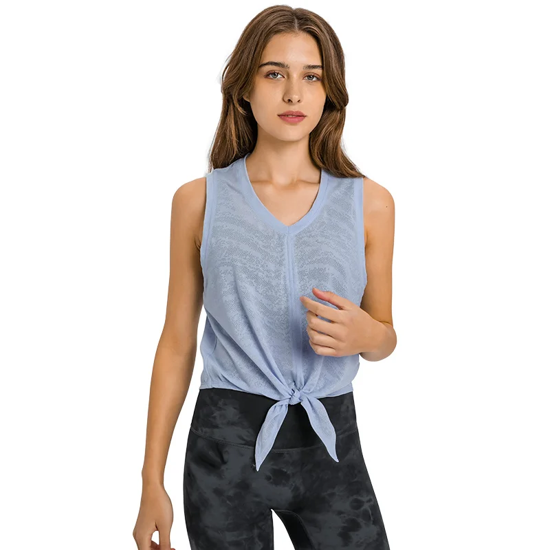 

Jacquard Sport Yoga Vest Women Front Tie Lightweight Fitness Training Tank Tops Workout Running Sleeveless Shirts Gym Clothing