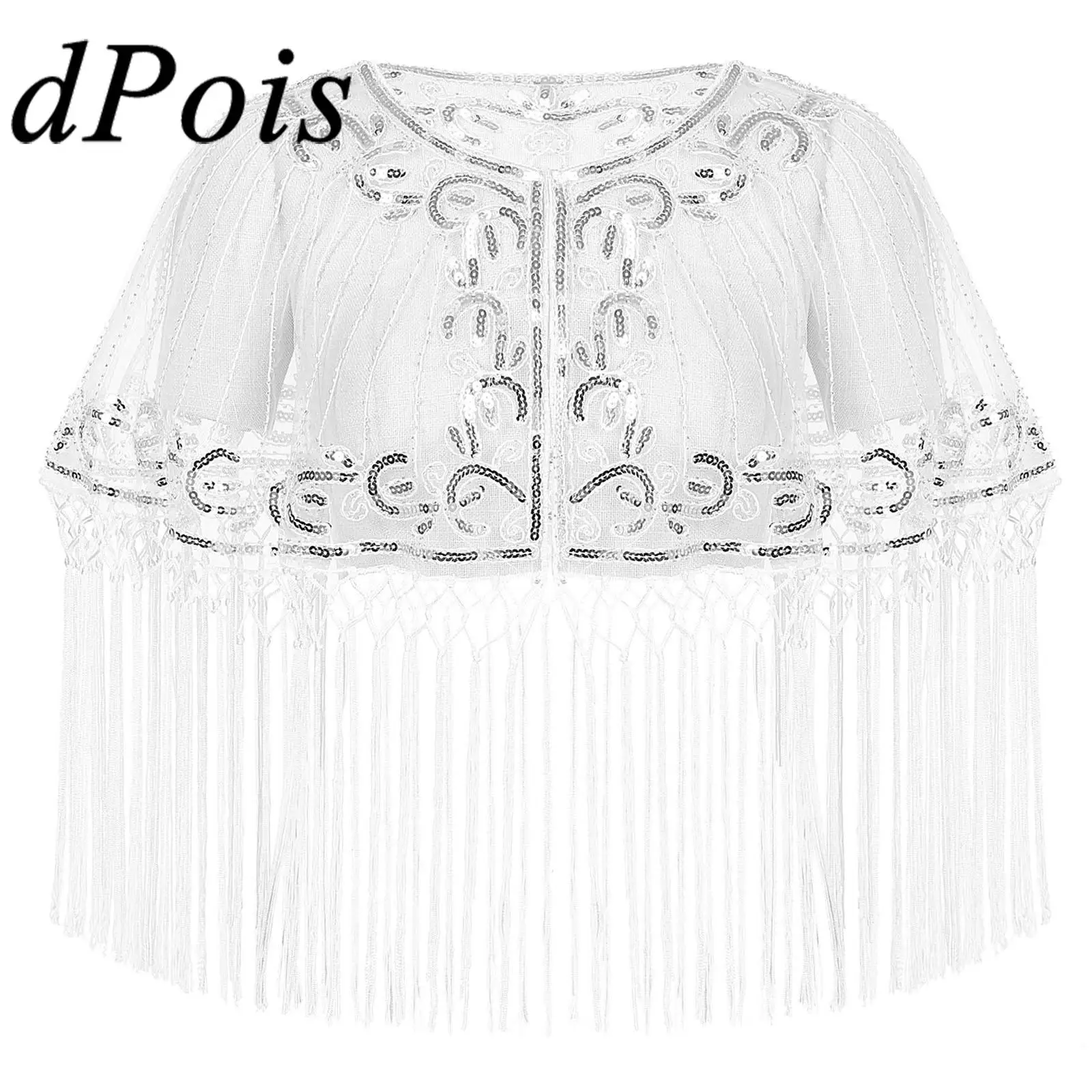 

Womens 1920s Sequins Fringe Shawl Wraps Cover Ups See-through Mesh Tassel Beaded Boleros for Vintage Cocktail Party Evening Cape