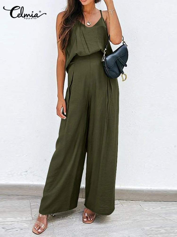 

Leisure 2 PCS Solid Pant Sets 2022 Summer Celmia Casual Loose Camisole and Elastic High Waist Pant Suits Fashion Trousers Sets