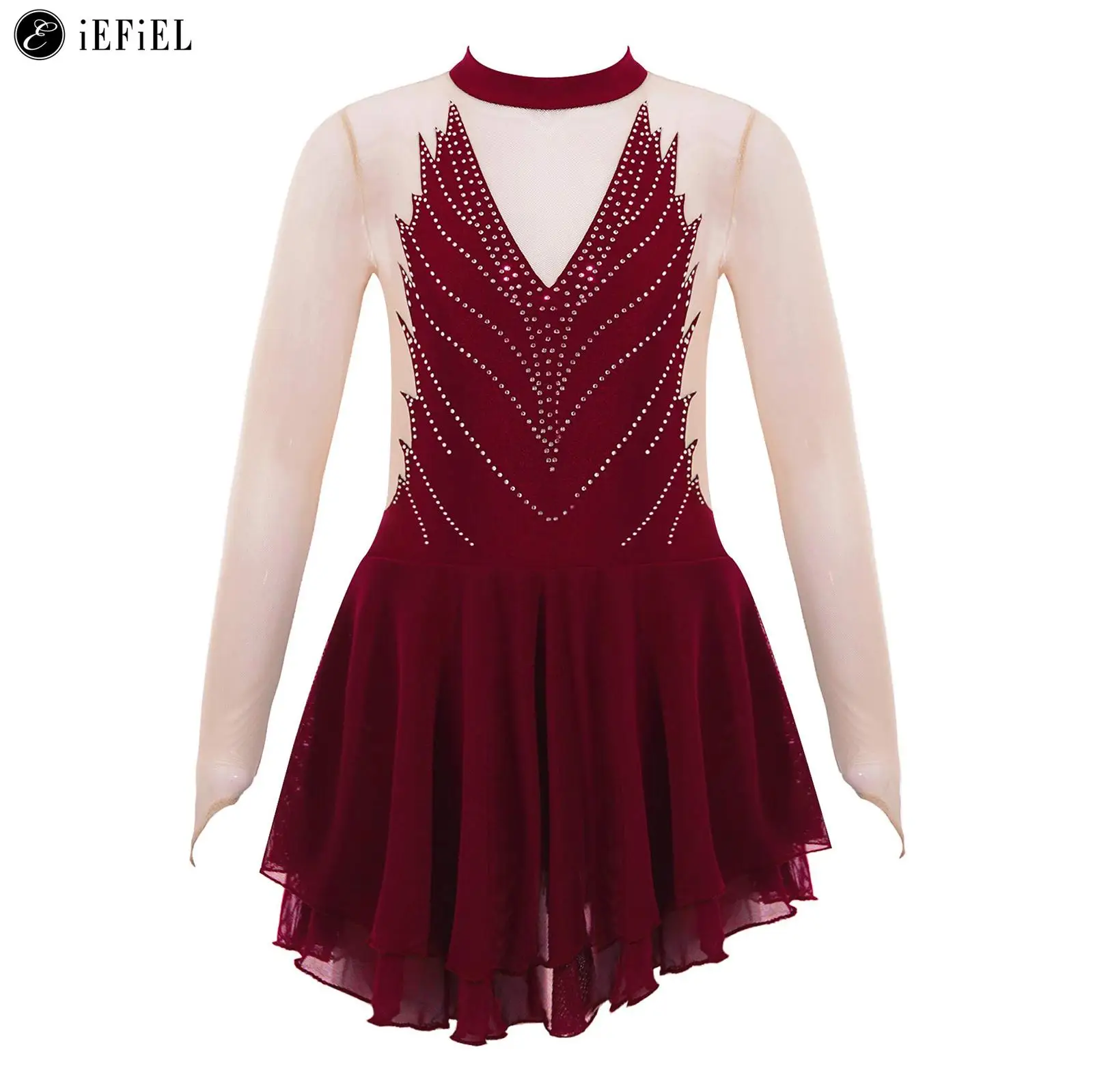 

Kids Girls Figure Ice Skating Irregular Dress Long Sleeve Sequins Keyhole Back Dance Gymnastics Leotard Competition Costume