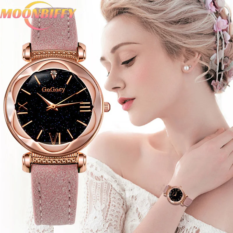 

Luxury Personality Female Watch Romantic Starry Sky Watch Leather Strap Female Crystal Starry Sky Watch Petal Plum Blossom Dial