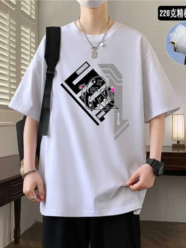 Heavy Cotton Short sleeve T-shirt Men's Summer Fashion Brand Print Youth Casual Loose Half Sleeve Top T
