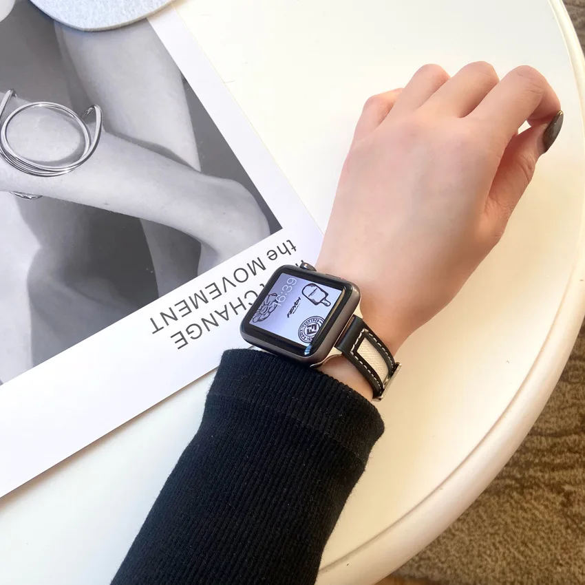 For apple watch band canvas leather  watch strap apple watch7/SE/6/5/4 leather Korean simple and fine section