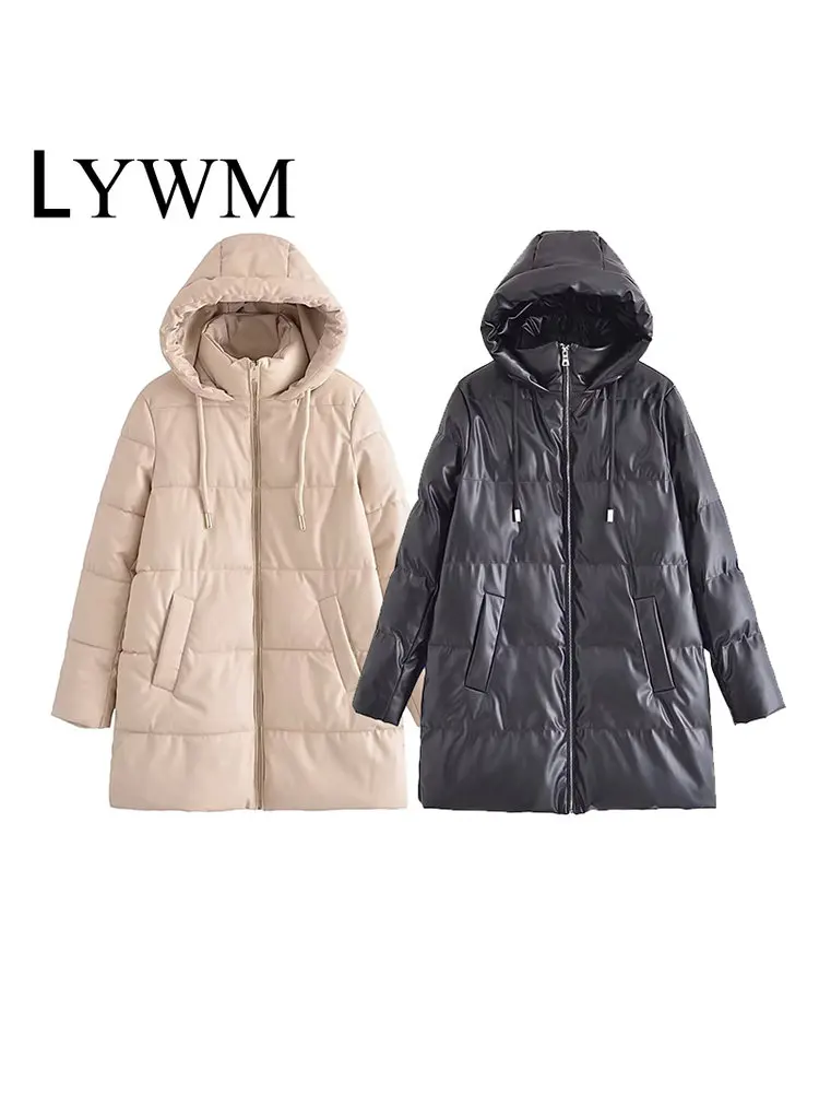 

LYWM Women Fashion Hooded Jackets With Pockets Vintage Winter Warm Front Zipper High Neck Female Chic Lady Outfits