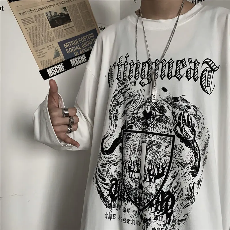 

Мужская футболка с длинным рукавом, Новинка лета 2022, модная свободная футболка в стиле хип-хоп и темного цвета с длинными рукавами, Мужской Т...