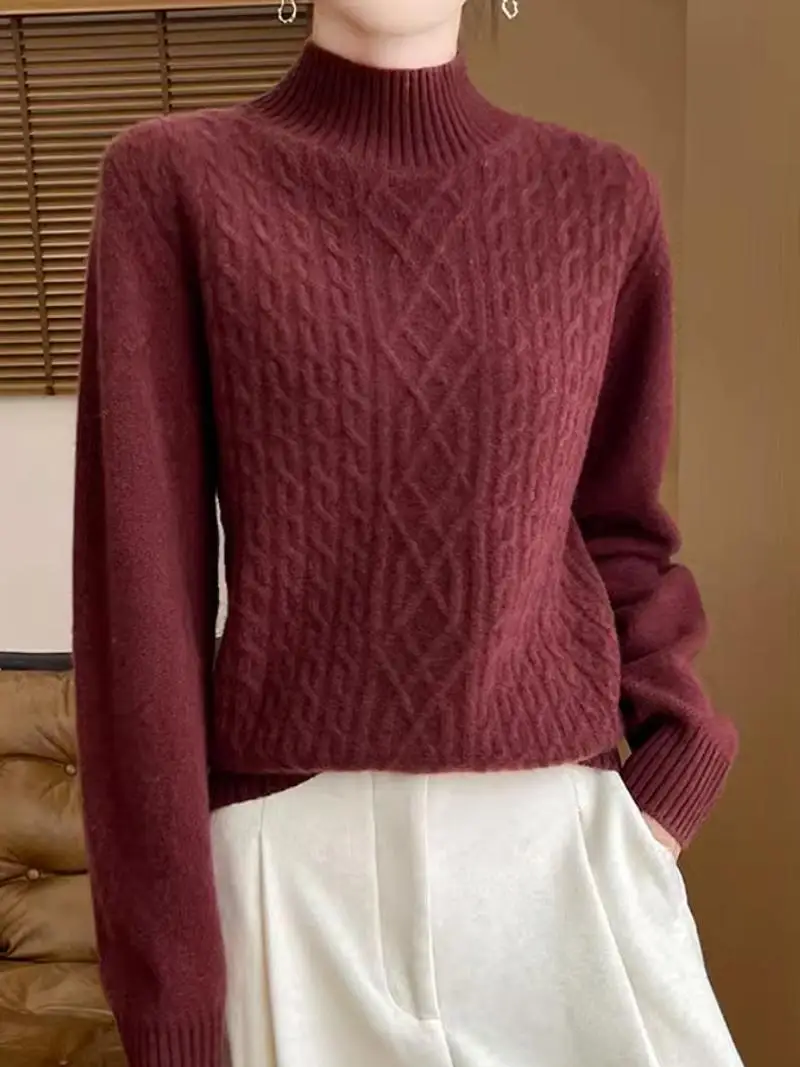 Pure Cashmere Sweater% Half-high Collar Thickened Sweater Twisted Women Autumn and Winter Loose Idle Sle Knitted Bottoming ...