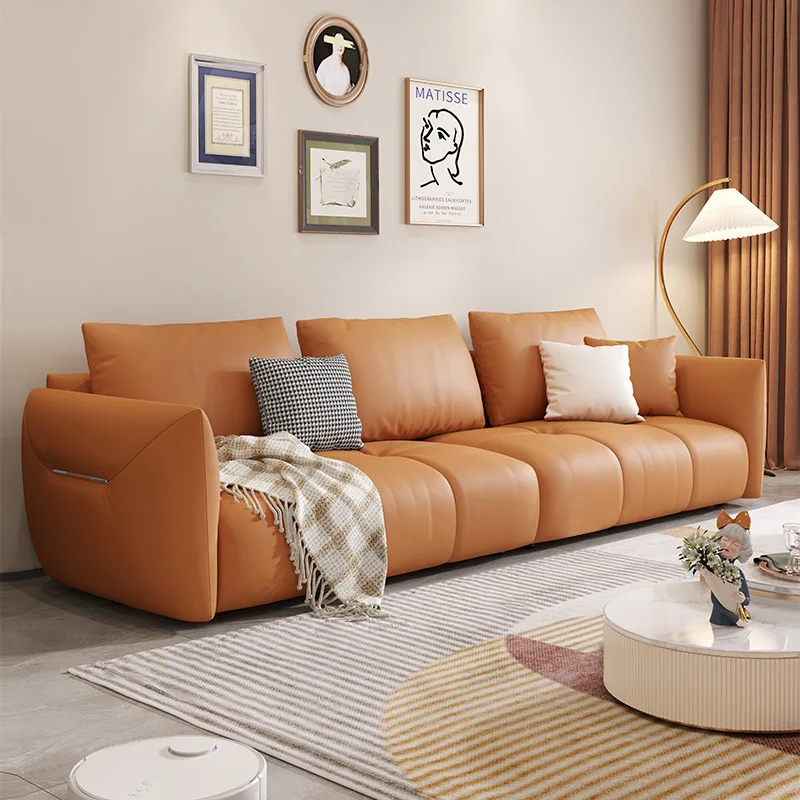 

Luxury Italian-style leather solid wood sofa leather art simple living room in-line minimalist combination set