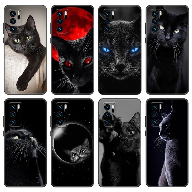 Black Cat Staring Eye On Case For Huawei P50 P40 P30 P20 Pro P10 P9 P8 Lite 2017 P Smart Z S 2021 2020 Pro 2019 2018 Black Cover