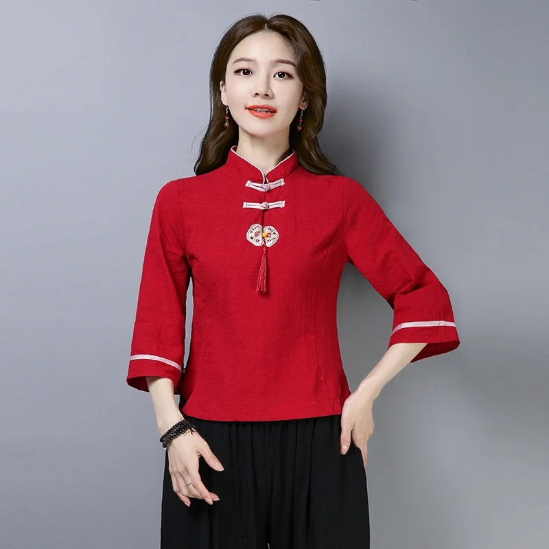 Элегантный женский костюм Тан топ с воротником-стойкой Рубашка-Ципао рукавом три