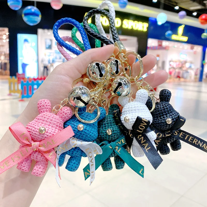 

Bear Key Chain for Women Cute Resin Bow Bell Rabbit Keychain Weaving Fashion Doll Bag Pendant Holiday Car Key Ring Gift