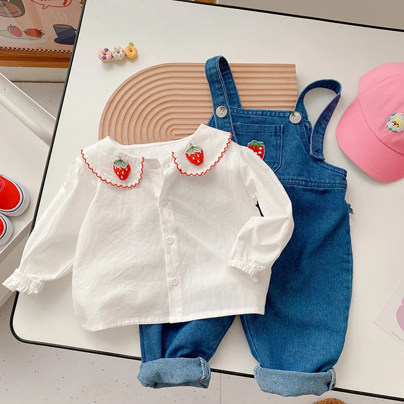

Baby Strawberry Overalls Autumn New Baby Girl Soft Big Pocket Jeans Doll Collar Shirt Denim Pants Kids Toddler Clothes