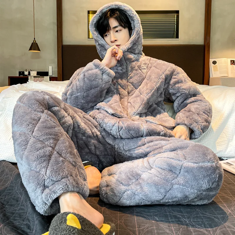 2022 Winter Coral Velvet Warm Clothes Home Suit Men Thick Grey Flannel Hooded Pajama Sets Sleepwear