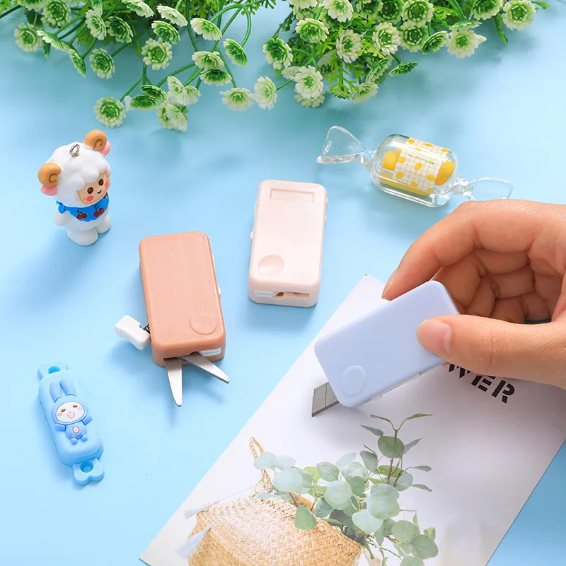 

Mini Creative Safety Letter Opener Small Fashion Solid Color Rectangle Pattern Box Cutter Kawaii Stationery Scrapbook Scissors