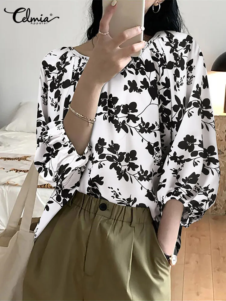 

Celmia Fashion 3/4 Puff Sleeve Blouses Women Vintage Elegant Ladies OL Leisure Loose Blusas Round Neck Floral Plant Print Tops