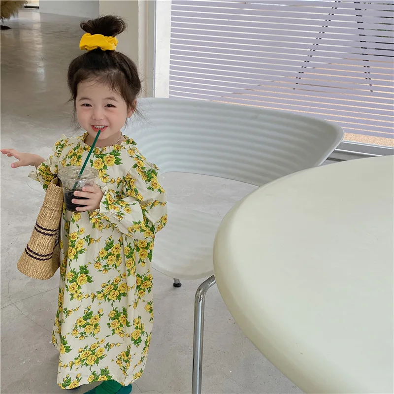 

Girls Kids Floral Ruffles Cute Dresses 2022 Fashion Baby Flowers Princess Dress Children Autumn Full Sleeve Costumes