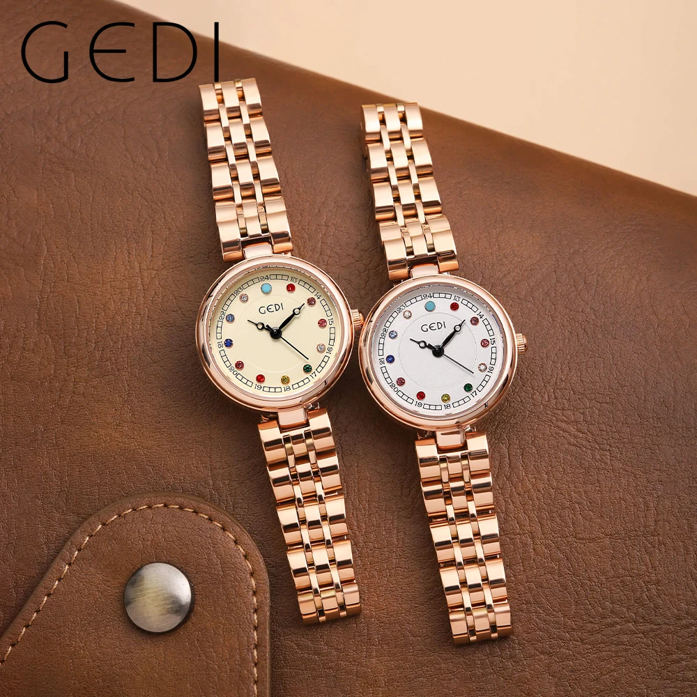 GEDI Waterproof Rose Gold Women Watches Luxury Color-diamond Scale Stainless Steel Strap Fashion Quartz Wrist watches Woman 2023