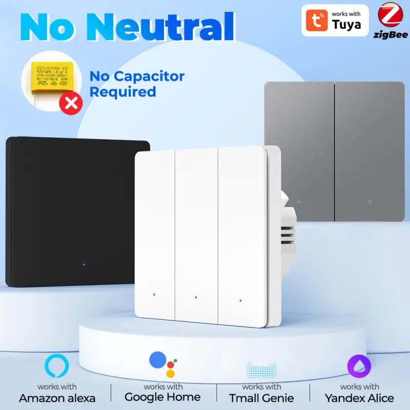 

Smart Light Switch Tuya ZigBee No Neutral Wire No Capacitor Smart Life 1/2/3Gang Push Button Switch Works With Alexa Google Home