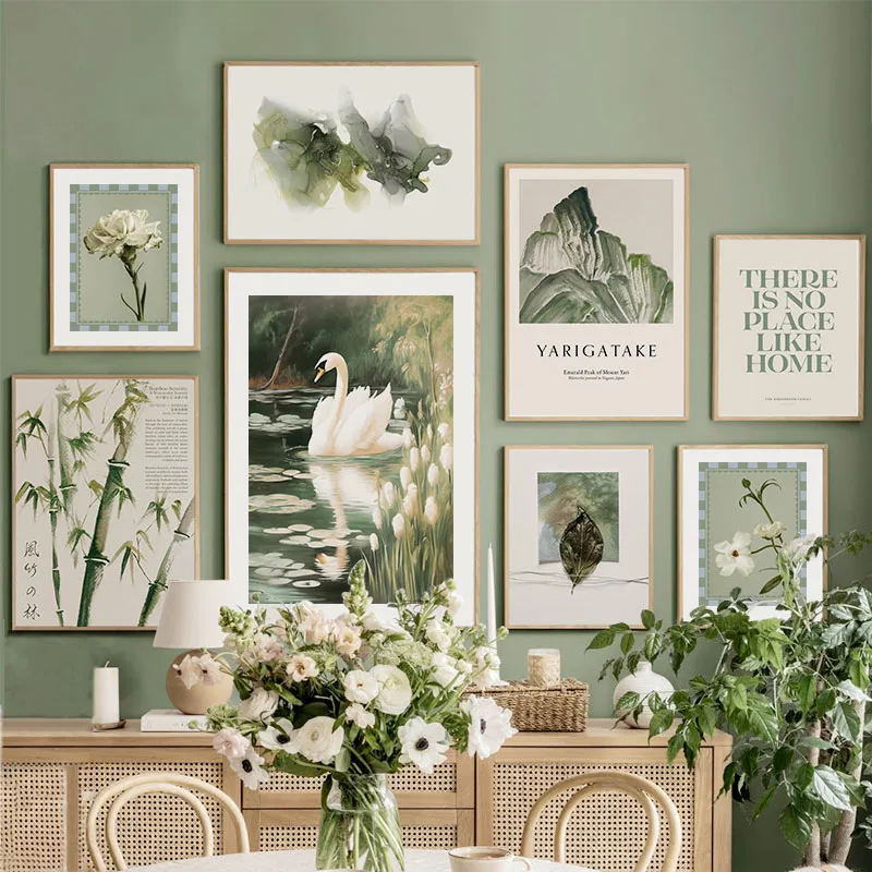 Green Mountain Lake Swan Bamboo Flower Leaves Landscape Posters &amp Prints Wall Art Canvas Painting Pictures For Living Room Decor