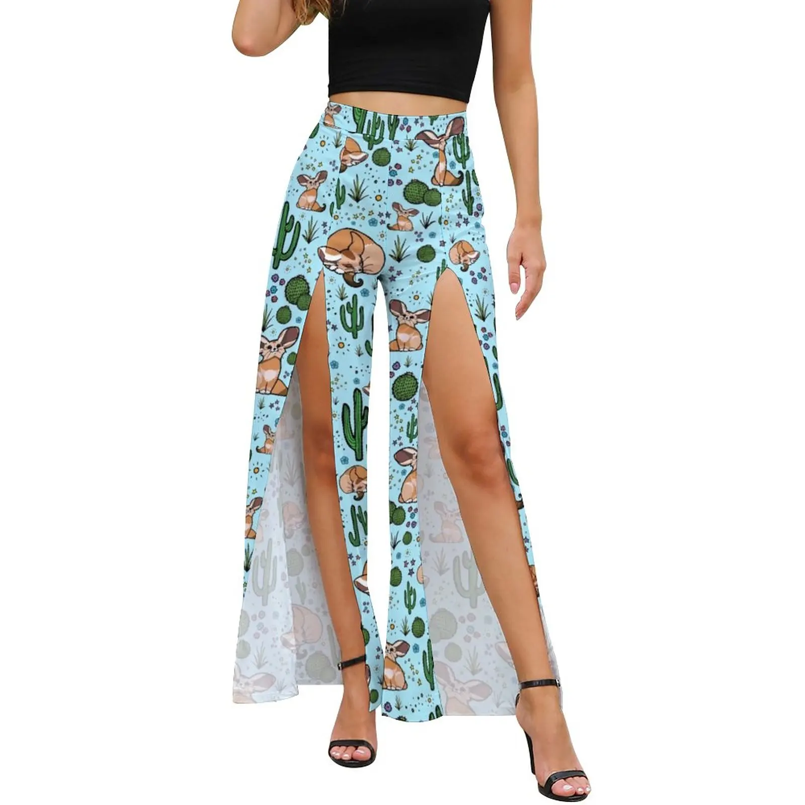 

Cute Fennec Fox Pants Women Cactus Desert Print Elegant Graphic Wide Leg Pants Summer High Waisted Street Fashion Trousers