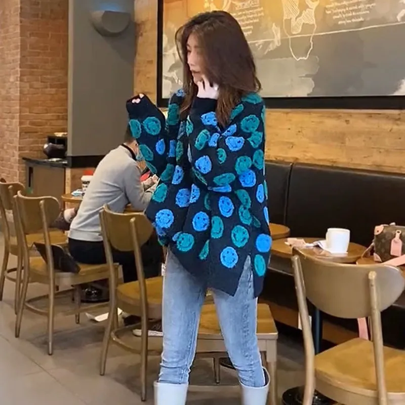 Женский трикотажный свитер свободного покроя повседневный пуловер с круглым