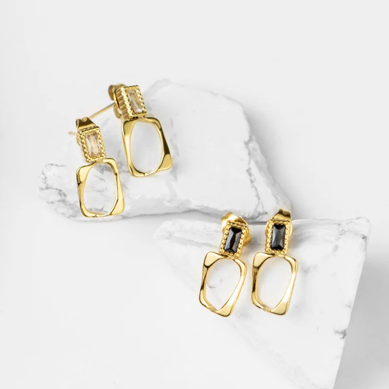 

Fashion Gold Color Plated Square Drop Earring Stainless Steel Black White Zircon Geometric Earring For Girls Fashion Jewelry