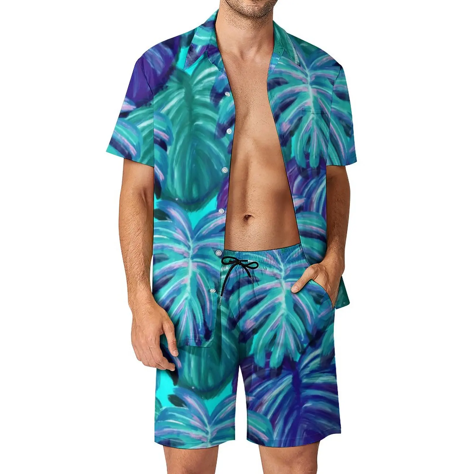 

Tropical Men Sets Palm Springs Neon Casual Shorts Retro Vacation Shirt Set Short-Sleeve Pattern Plus Size Suit Birthday Present
