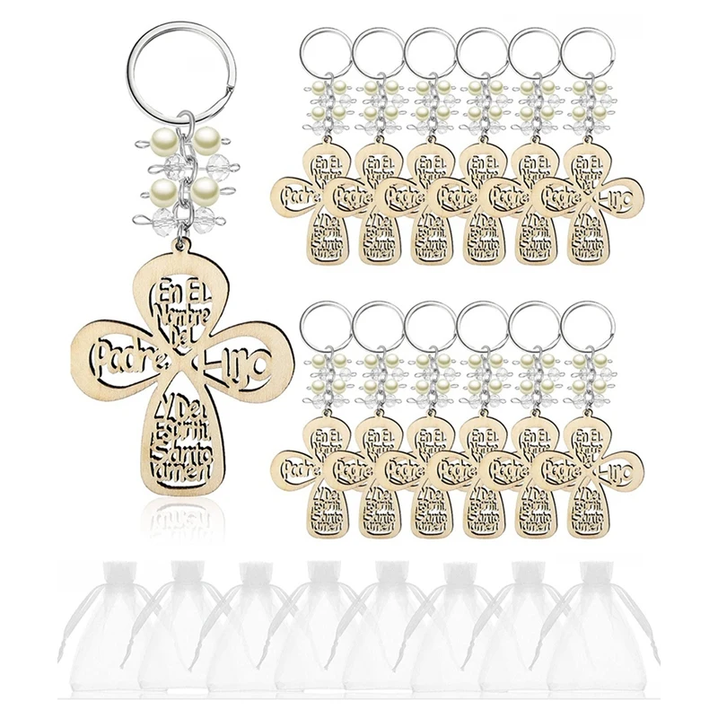 

Kili 20Pcs Baptism Favor Keychain Cross Wooden Key Ring Christening Wood Design Key Ring with Bag for First Communion