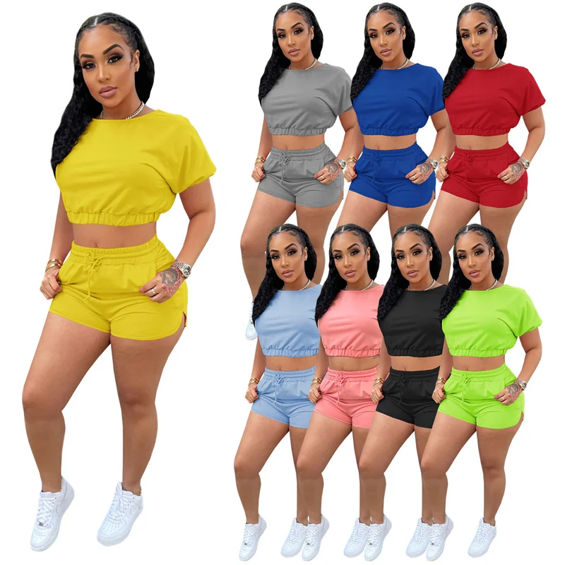 Women Casual Shorts Suit Summer Short Sleeve Solid Crop Tops Running Fitness Sets Lady Sports Slim O-Neck Lace Up Outfits