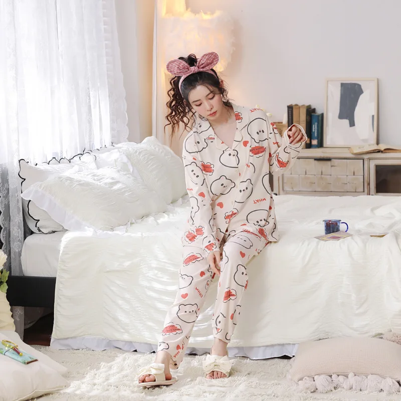 Yasuk Spring Autuum Fashion Women's Casual Print Pocket Sleepwear Homewear Cute Lovely Pajamas With Pants Soft Many Bear
