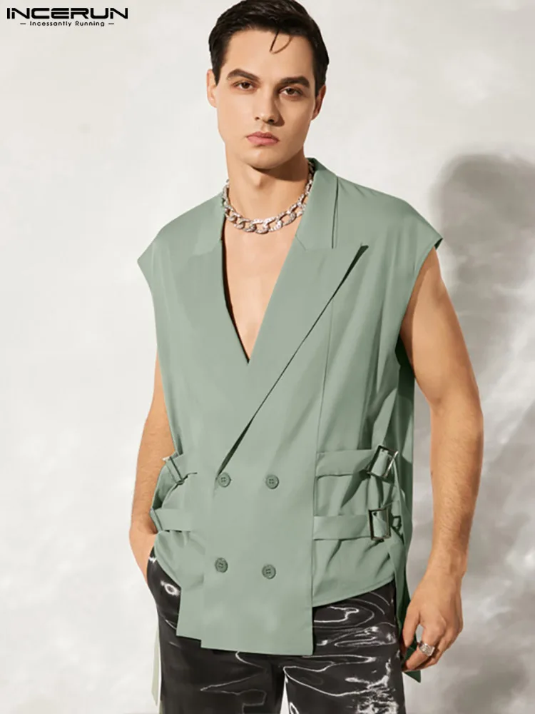 

Fashion Solid Hot Sale INCERUN Tops Men's Solid Color Waistcoat Casual Side Streamer Sleeveless Double Breasted Vests S-5XL 2022
