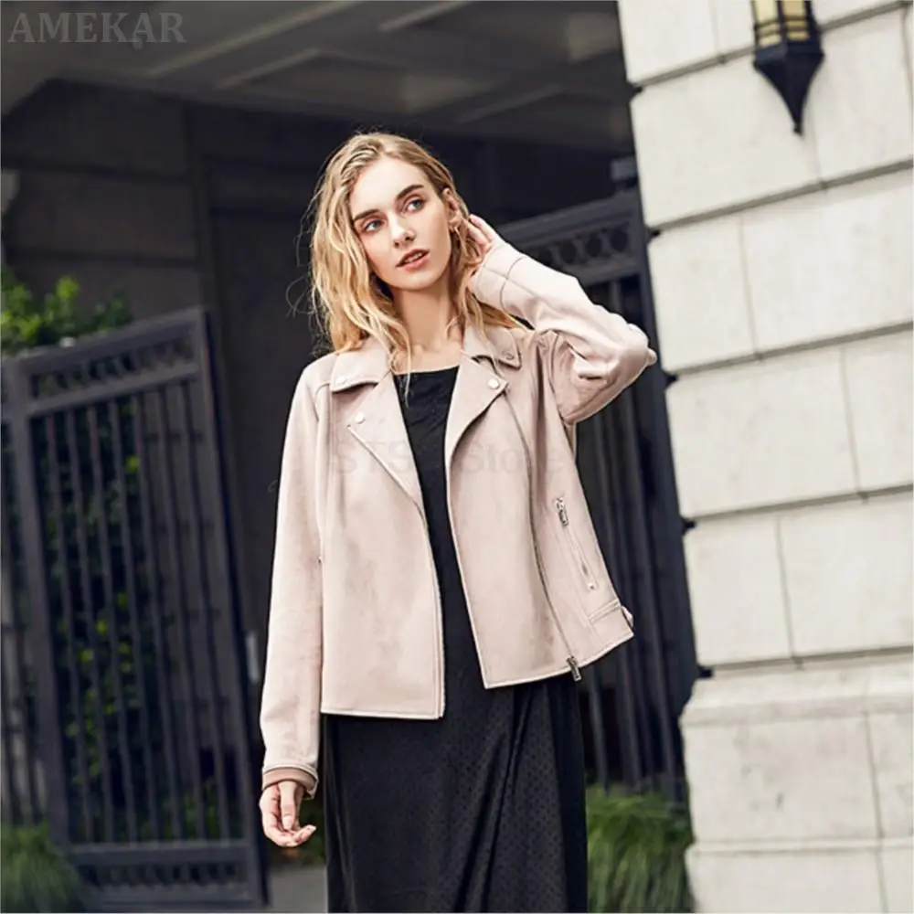 Women Real Suede Pure Color Jacket Long Sleeve Zipper Pocket Short Moto Biker Coat Ladies Lapel Genuine Leather Leisure Top