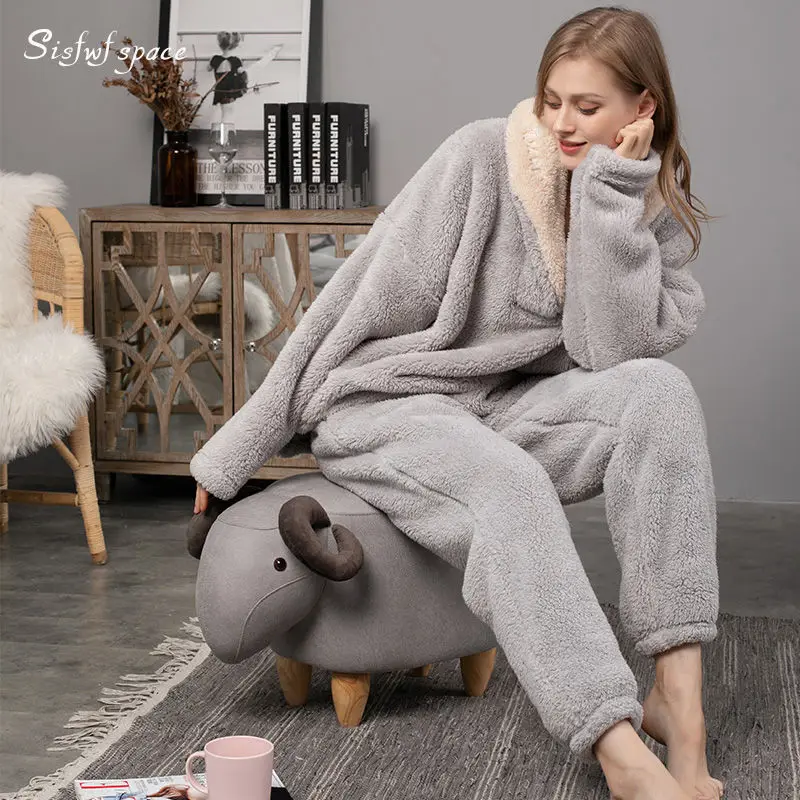 Winter Women's Flannel Pajama Suit Warm Thickening Oversize Korean Fashion Sleep Top Loose Plush for Warmth