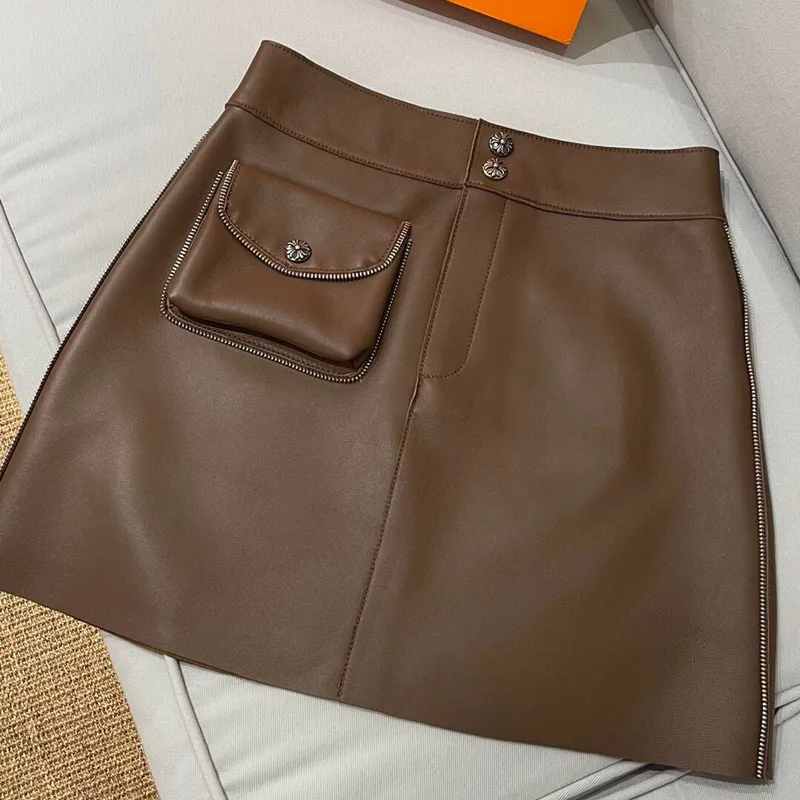 

Women Spring Sheepskin Genuine Leather Faldas Mujer A-Line Short Skirt High Waist Show Thin Elegantes Wrap Hip Saias Femininas