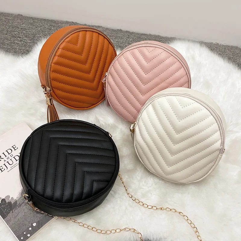 

Women New Embrosidered Tael Chain mall Round houlder Phone Fahion PU Crobody Clutch lady cute side pure bag