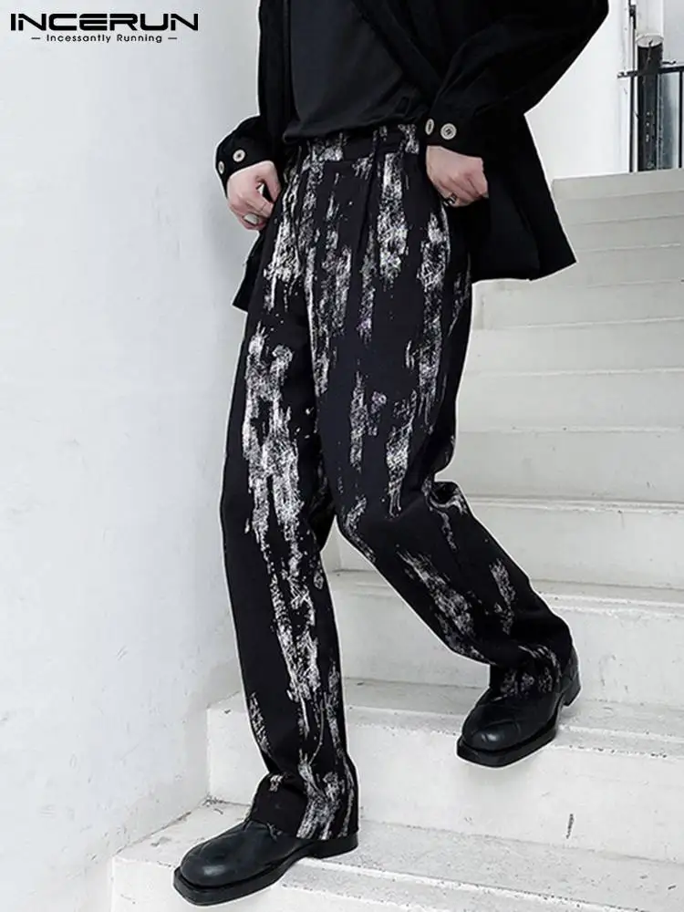 

Handsome New Men Pantalons See-though Ink Splash Printing Pants Loose Comfortable Straight Wide Leg Trousers S-5XL INCERUN 2022