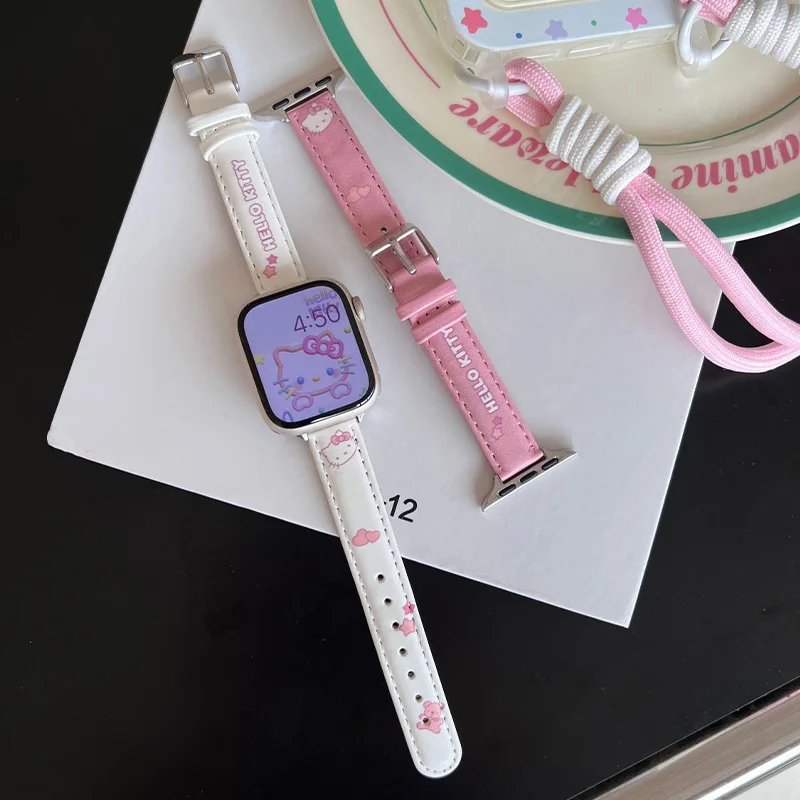 Тонкий кожаный ремешок Hello Kitty для Apple Watch 38/40/41 мм 42/44/45/49