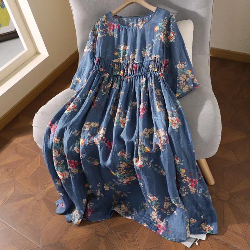 

Womens Dresses 2022 Casual Ramie Medium Length Dress Round Neck Seven Points Sleeve Elastic Waist Pullover Skirt Flower Pattern