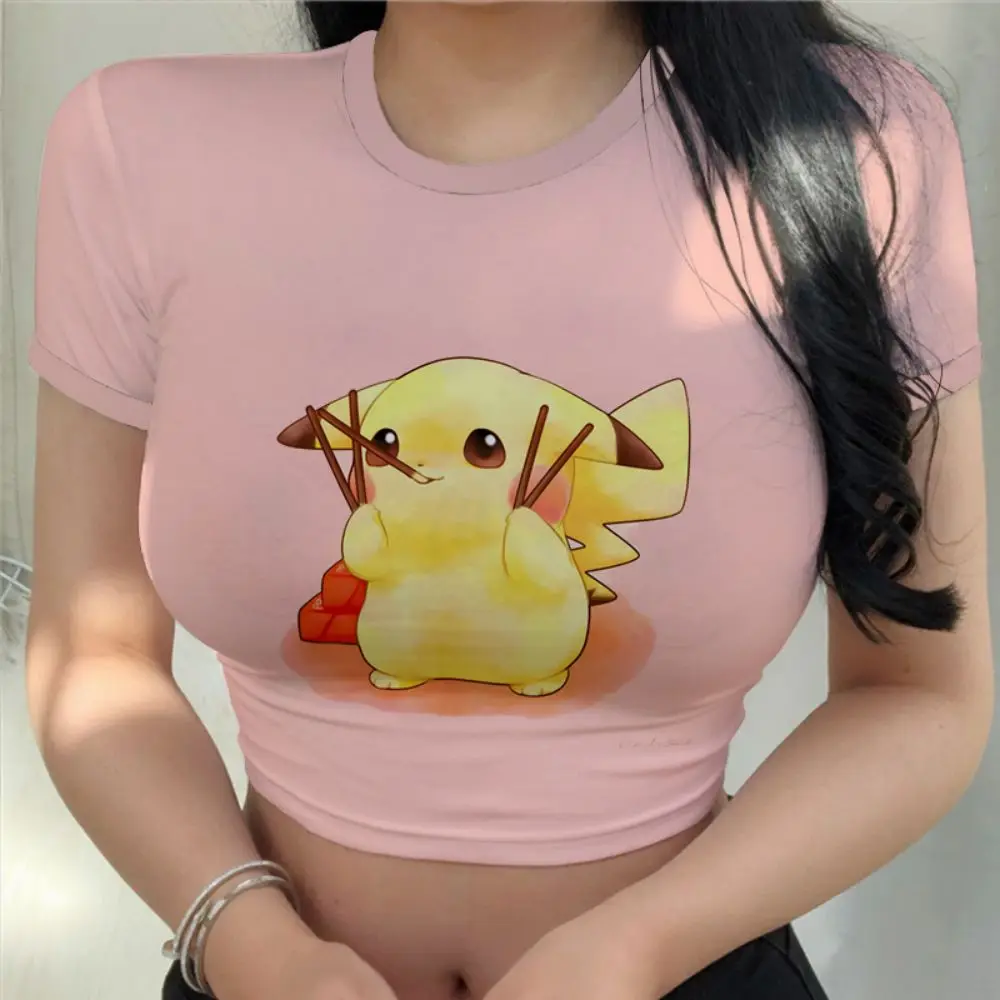 

Women's T-shirts Summer 2023 Crop Top New Sexy Tops Y2k Harajuku Fashion Clothing Pikachu Pokémon Anime Kawaii Clothes T-shirt