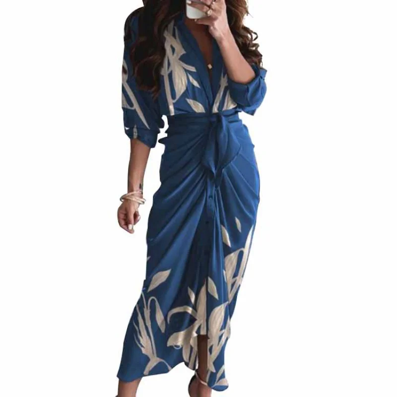 

European and American Style AutumnVCollar Button Belt Pleated Temperament Midi Dress9Color6CodeWomen's dress