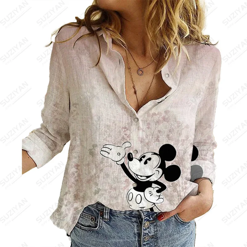 

Temperament Disney Mickey Elegant Women'S Shirt Autumn Elegant Print Long-Sleeved Blous Casual Collar Button Women'S Fashion