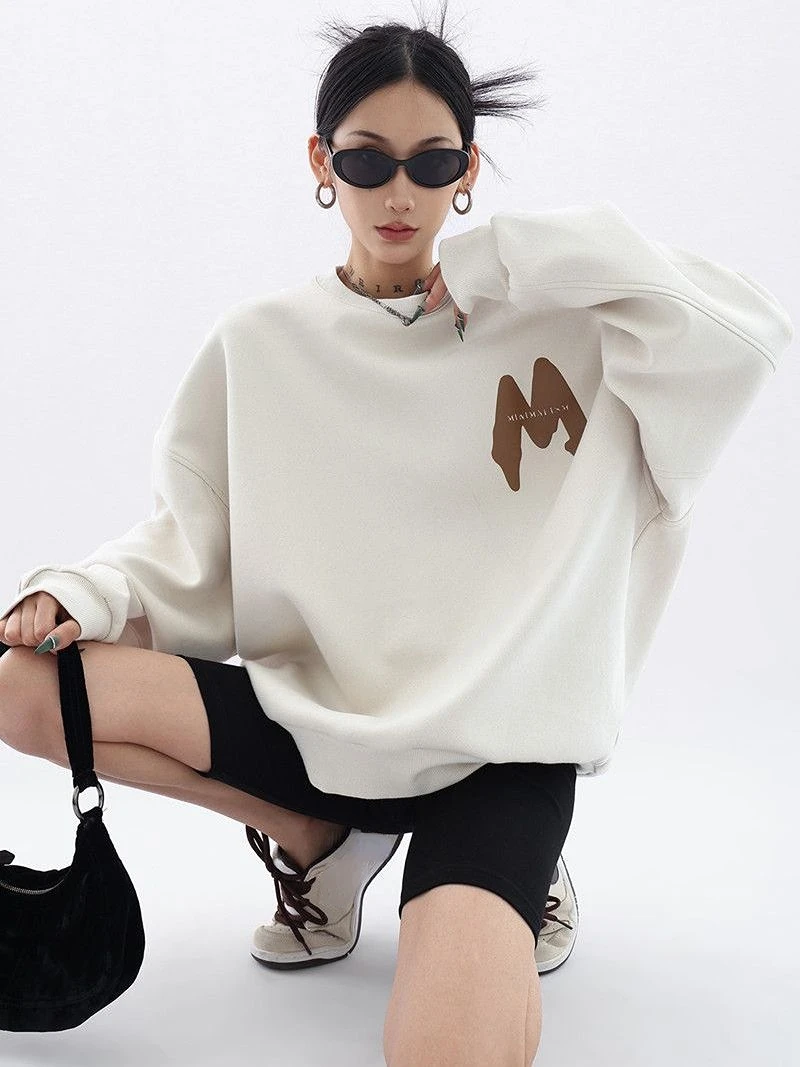 

Sweatshirt Winter Letter M Print Harajuku O Neck Pullovers Women Oversize American Vintage Hoodies Fashion High Street Tops