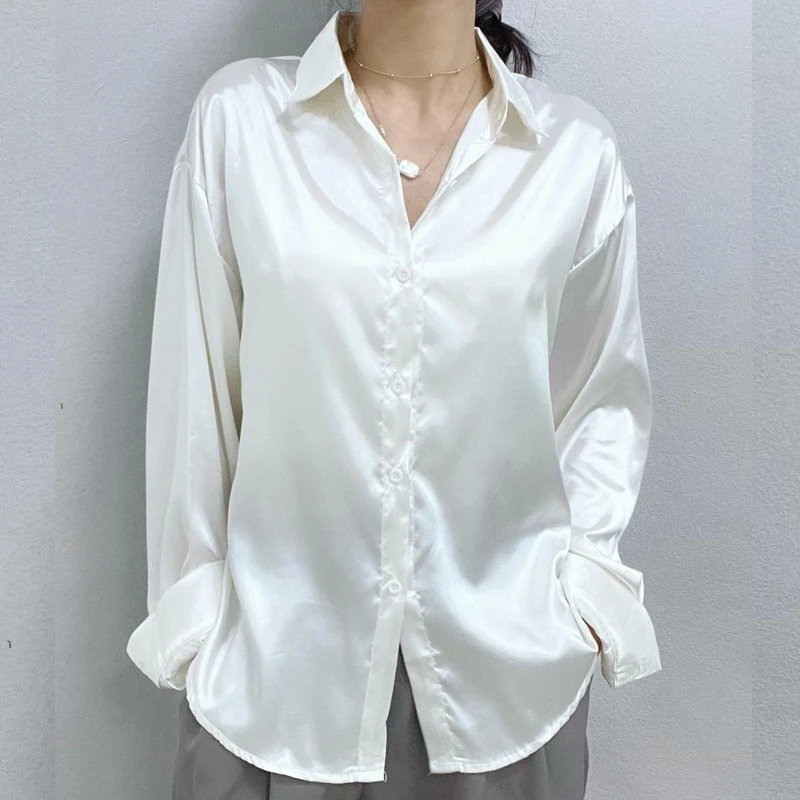 

Casual Long Sleeve Satin Blouse Women Autumn Vintage Loose Button Up Turn Down Collar Shirt Elegant White Tops Lady Blusas 22182