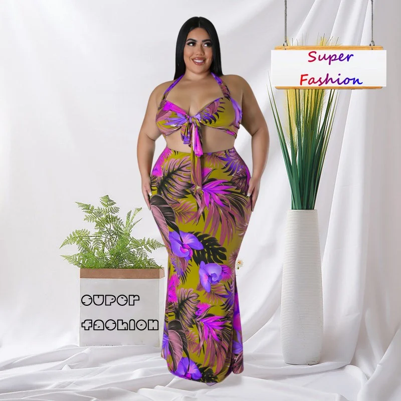 

WSFEC L-4XL 2023 летний топ без рукавов и юбка с принтом, повседневные сексуальные пляжные костюмы из двух предметов